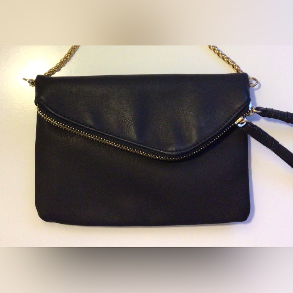 Black Leather Clutch With Long Gold Strap That’s Removable. Gold Zipper. NEW